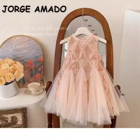 New Summer Kids Girl Princess Dress Sleeveless Sequined Tulle Party Gown Beaded Fringe Formal Birthd