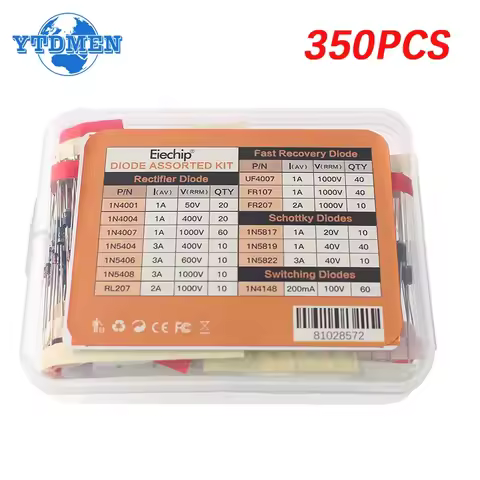 350PCS Schottky Diode Kit 14Values Rectifier Diodes 1N4148 1N4001 1N4004 1N4007 1N5404 1N5406 1N5408