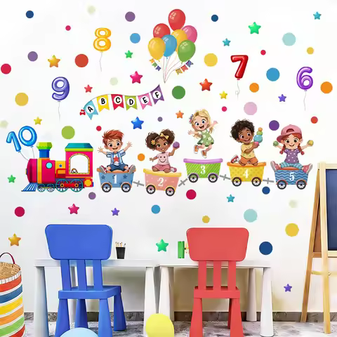 1/9sheets Cartoon Number Train Wall Decals, Colorful ABC Alphabet Balloon Stickers, Educational Kids