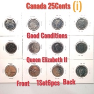 1Set6pcs 25Cents Coins (i) Good Conditions Canada Queen Elizabeth II Duit Syiling Lama (CollectibleO
