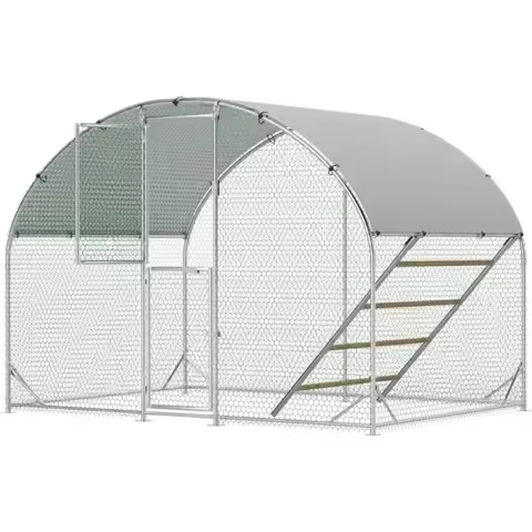 Large Chicken Coop,10x6.5x6.5FT Metal Chicken Run for Yard with Feeding Door, Round Top Walk-in Chic