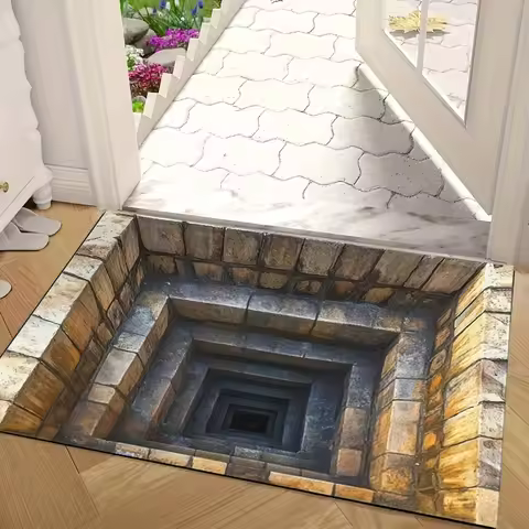 3D Stone Well Flannel Rug Printed Carpet Indoor Decorative Entryway Floor Mat Anti Slip Soft Optical