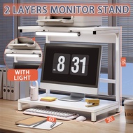 2-Layer 48/60cm Monitor Computer Stand With Light Printer/Laptop Table Rack Desktop Holder Wooden