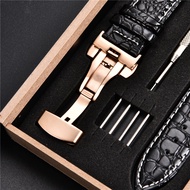 Crocodile Pattern Calfskin Leather Watch Strap with Automatic Stainless Steel Butterfly Clasp Watchband 18mm 20mm 22mm 24mm