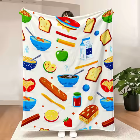 Vibrant Breakfast Cartoon Pattern Blanket - Colorful flat - design food elements on light beige back