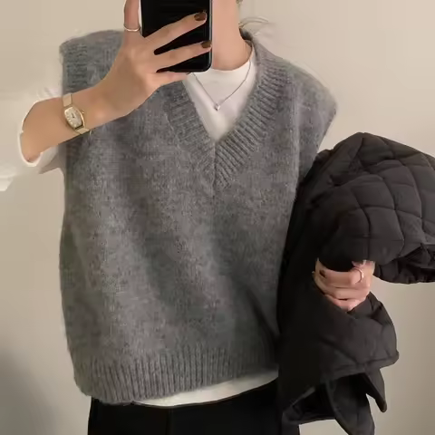 Grey Sweater Vest for Women Sleeveless V-Neck Knitted Vest Tank Top Pullover Cozy Knitwear Academia 