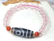 Tibetan Dzi Beads Two Eyed Dzi Beads with Rose Quartz Bracelet 藏传老矿二眼天珠配粉晶手链 28x10.2mm