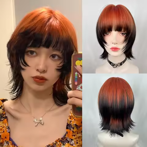 Synthetic Straight Wig with Bangs Short Orange Ombre Black Fluffy Lolita Cosplay Women Heat Resistan