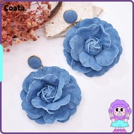 COATA Denim Blue Fabric Earrings, Denims Exaggerate Blue Rose Earrings, Ornament Handmade Flower Ear
