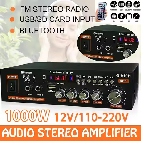 AK35/G919H 1000W Home Car Power Amplifiers 2 Channel Bluetooth Surround Sound FM USB Remote Control 