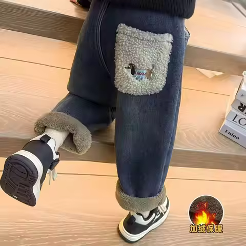 Children's Velvet Jeans New Girl's Loose Casual Pants Winter Girl's Alpaca Velvet Thick Pants 90-140