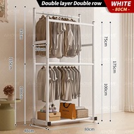 AiHome ราวตากผ้า ราวแขวนเสื้อผ้าบาร์คู่ พร้อมชั้นวางของและตะขอแขวนเสื้อแขวนหมวก