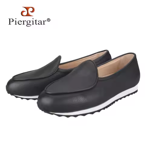 Piergitar Four Season Style Black Togo Calf Skin Slip-On Driving Shoes Modern Commuting Model Men Lo