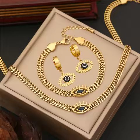 316L Stainless Steel Blue Türkiye Devil's Eye Gold - Plated Jewelry Set: Necklace, Bracelet, Earring