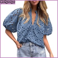 Women Shirt Stand Collar V-Neck Puff Short Sleeve Shirt Hollow Embroidered Flower Pattern Lace Blous