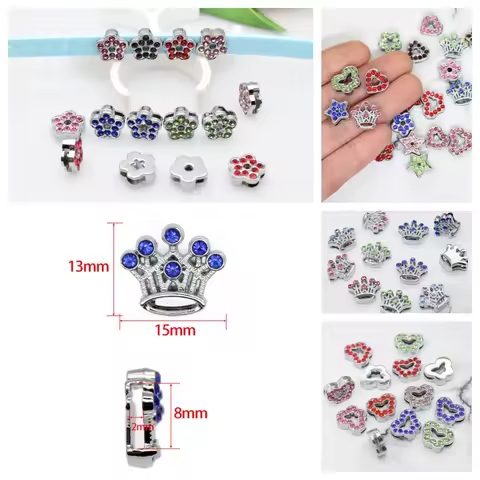 50PC/lot Hole 8MM crown Star Slide Charm hearts diy charms Fit For 8mm Leather Wristband Fashion Jew