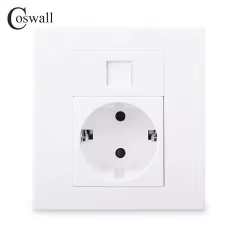 Coswall PC Panel EU Russia Spain Wall Socket + 1 Gang CAT6 RJ45 Internet Computer Data Connector Whi
