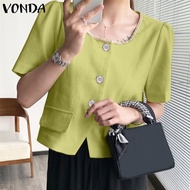 VONDA Women Korean Daily Short Sleeves U Neck Webbing Solid Color Blazer