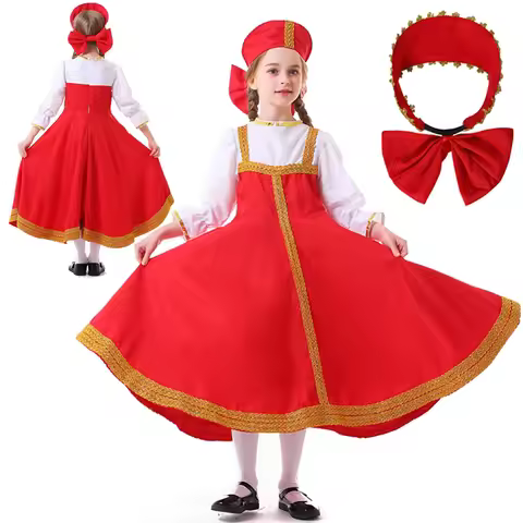 Kids Girl Costume Russian Ethnic Cosplay Ukraine National Costume Stage Performance Dress Headgear C