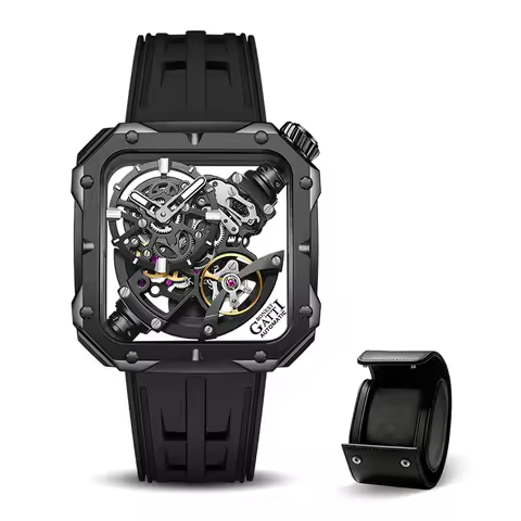BONEST GATTI New Men's Silver/Black Square Skeleton Automatic Mechanical Watch Waterproof Sport Wris