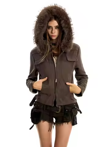 American hot girl big fur collar slim short jacket for women buckskin velvet waist slimming hooded c