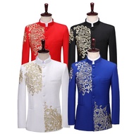 【Within 24 hours✈】Chinese Tunic Men Mandarin Collar White Black Appliqued Blazer for Wedding Banquet Ceremony