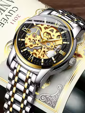 BIDEN Classic Mechanical Watch Luxury Diamond Dial Luminous Hands Gold Skeleton Automatic Men's Watc
