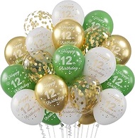 Balloons 12th Birthday Decoration, Pack of 30 Green White Gold Balloons 12 Years Birthday Decoration