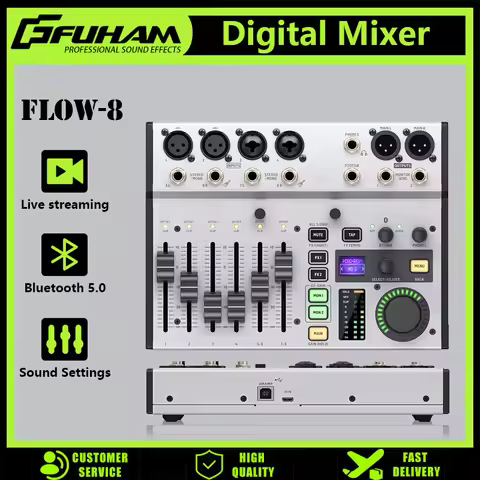 FLOW8 8-Channel Digital Mixing Console, Mixer, Bluetooth Audio and App Control Support, 2 FX Process