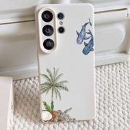 1pc Coconut Tree Whale Turtle Pattern, Large Hole Leather Beige Shockproof Phone Case, TPU Material,