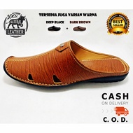 Sepatu Sandal Slip On atau Selop Pria Berbahan FULL 100% Kulit  Slop Tekstur Serat Kayu - Black Hita