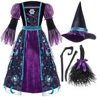 H254 Girls Witch Costume with Long Dress Pointed Hat and Broom Halloween Accessories Ages 6-10 Years