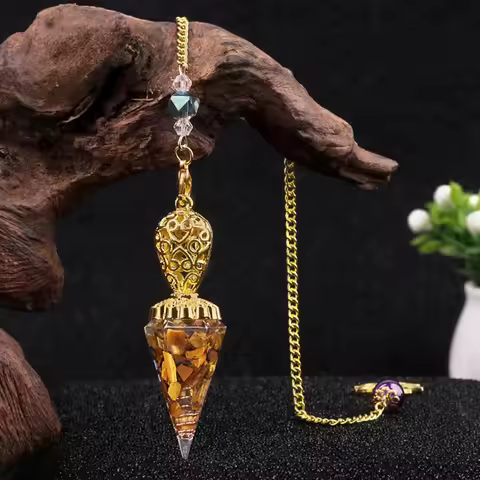 Green Aventurine Stone Pendulum Healing Dowsing Round Cone Pattern with Chain Hexagonal Column Patte