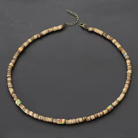 Noter Men Natural Coconut Beads Wooden Necklace 19 Inches Short Choker Collar Handmade Collier Gifts