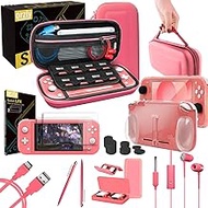 Orzly Accessories Bundle Compatible for use with Nintendo Switch Lite - Protective Case &amp; Screen Protector, USB Cable, Games Holder, Grip Case, Headphones, Thumb-Grip Pack &amp; More (Coral)