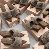 Women's clogs with fur straps, suede lining, pointed toe, wedge sole, 7 minutes.Thuytienshoes (230-2