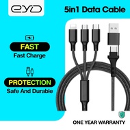 Eyd EX04 Charger Cable 5 in 1 USB Data Cable Charger iOS Lightning Micro USB Type C Quick Charger 1.2M Nylon Braided Cable Android iPhone Data Cable