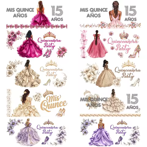 Mis Quince Design UV DTF Cup Sticker Quinceañera Dress Party 3D Sticker For 16oz Libbey Glass 15 Ano
