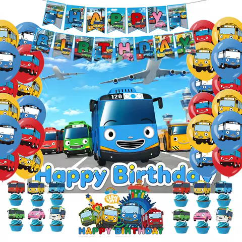 Cartoon The Little Tayo Bus Theme Birthday Party Decorations Anime Car Backdrop Balloon Paper Cupcak