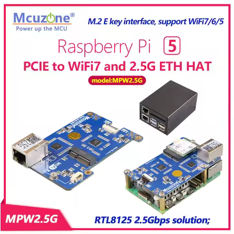 MPW2.5G,Raspberry Pi 5 PCIE to WiFi7 and 2.5G ETH HAT,M.2 E key interface, support WiFi7, WiFi6, WiF