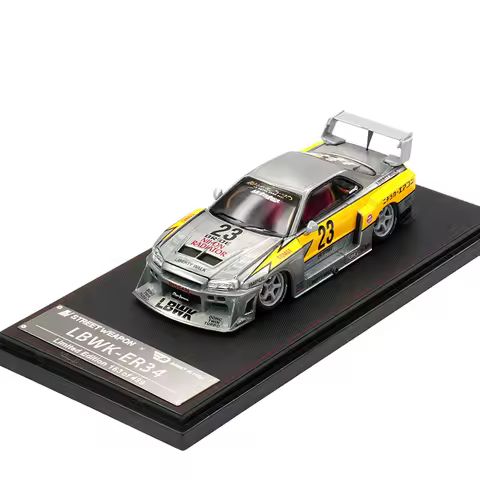 SW In Stock 1:64 LBWK GTR ER34 Silhouette Green Camouflage Opened Hood Diecast Car Model Collection 