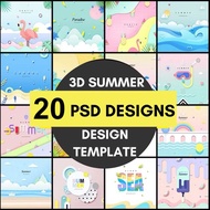 Photoshop template PSD file summer flamingo 3D design elements for graphic designer