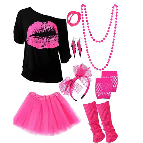 1980s Prom 80s Necklace Headband Gloves Knee Pads Bracelet Glasses Set Dress Up for Girls Party Cost