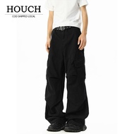 HOUCH COD Multi-Pocket Overalls Straight-Leg Tactical Cargo Pants For Men - Black
