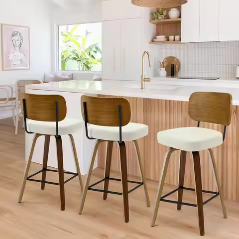 Modern Upholstered Leatherette Bar Stools Set of 3, Cream Seats with Walnut Finish, 26 Counter Heigh