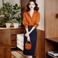 White Orange Shirt Skirt Suit - Stylish Autumn Outfit for Women