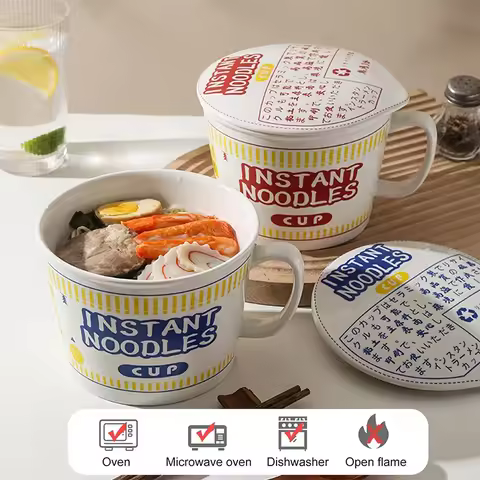 Hot Sale Ceramic Instant Noodle Bowl With Handle Large Capacity Instant Noodles Bowl Cute Design Ins