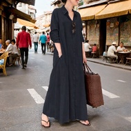 Muslimah aym dresses Wanita Casual Women Long Sleeve Lapel Collar Split Maxi Dress baju raya