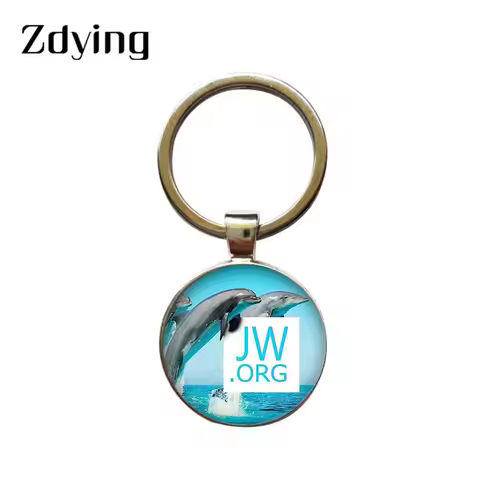 Zdying New JW.org Keychain Round Glass Dolphin Flowers JW.ORG Pattern Cabochon Dome Keyrings Key Rin