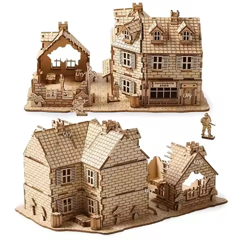 3D Wooden Puzzle War City Postwar Handmade Mechanical Assembly House Model DIY Kits Toys Desk Decora